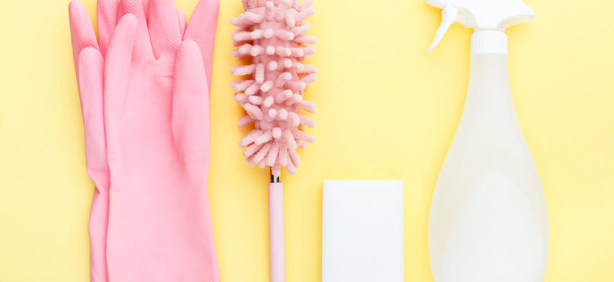 Concept,Cleaning,,On,A,Yellow,Background,Pink,Gloves,C,Soft