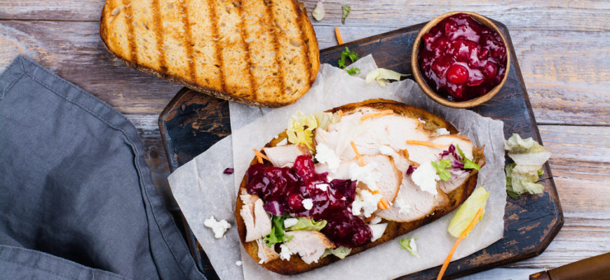 Homemade,Leftover,Thanksgiving,Day,Sandwich,With,Turkey,,Cranberry,Sauce,,Feta