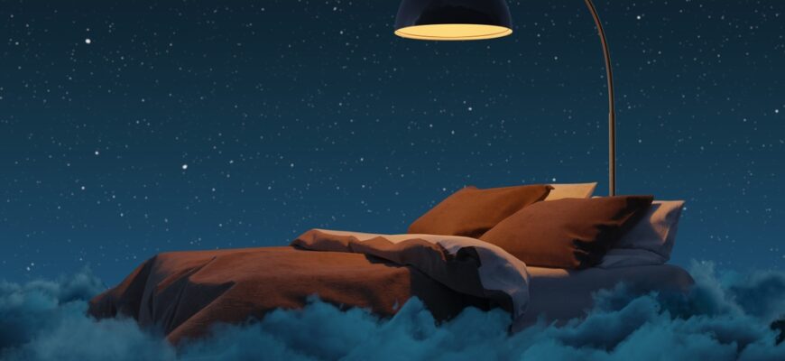 3d,Rendering,Of,Cozy,Bed,Illuminated,By,Lamp.,The,Bed