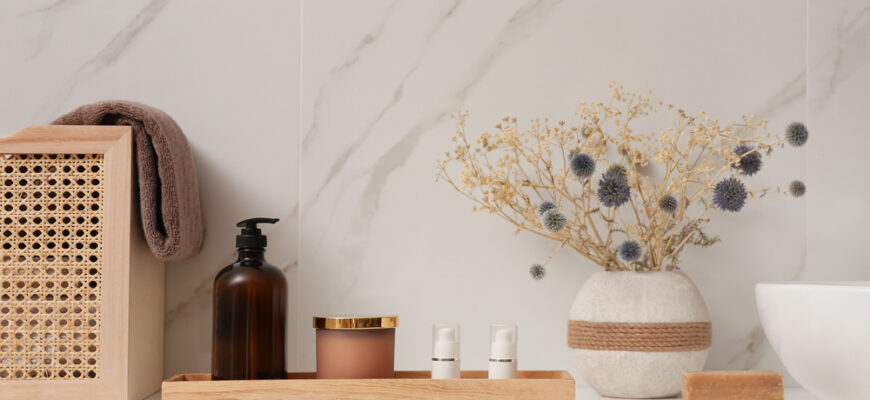 Personal,Hygiene,Products,And,Toiletries,On,Table,Near,White,Wall