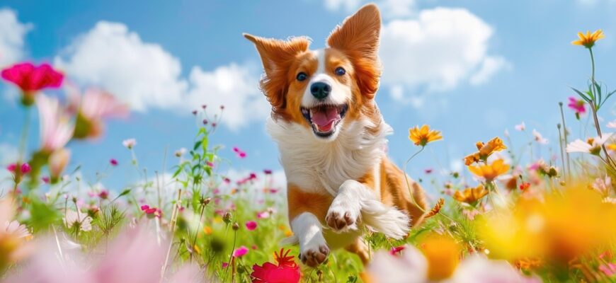 Happy,Dog,Running,In,A,Blossoming,Flower,Meadow,On,Sunny