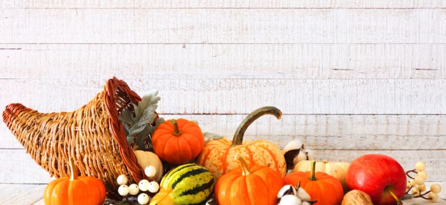 Thanksgiving,Cornucopia,Filled,With,Autumn,Vegetables,And,Pumpkins,Against,A