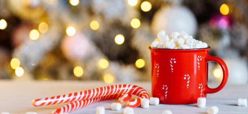 Red,Mug,Of,Hot,Chocolate,With,Marshmallow,And,Candy,Stick