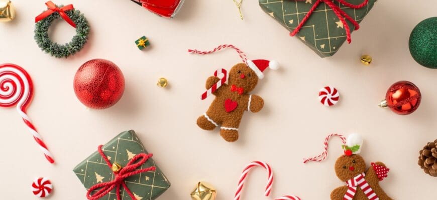 Whimsical,New,Year's,Setup.,Top-view,Shot,Of,Gifts,Sporting,Rustic