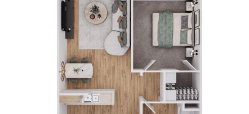One bedroom layout render at Aperto property Portofino at NoHo in North Hollywood, CA